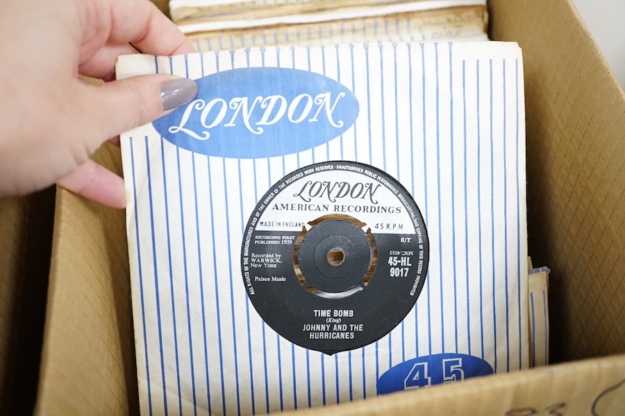 Four boxes of 7 inch singles, all on the London label, artists include; Johnny and the Hurricanes, Fats Domino, Duane Eddy, Paul Evans, Sandy Nelson, Bobby Vee, Ray Peterson, Carole King, Ricky Nelson, the Everly Brother